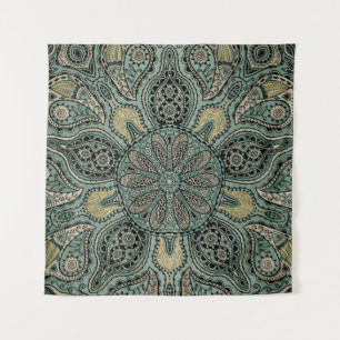 Mandala indien foncé de tapisserie d'or vert de