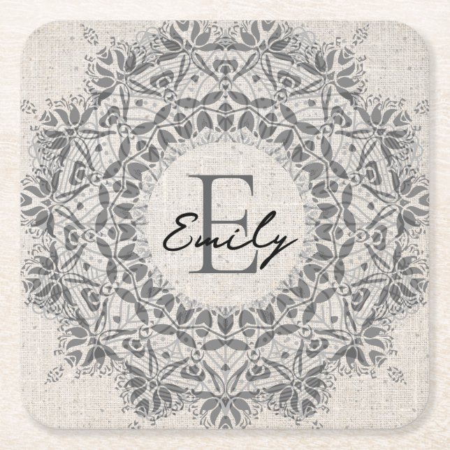 Mandala Individuelle Name Monogram, hellgrau Rechteckiger Pappuntersetzer (Vorderseite)