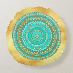 Mandala Iris Blau Braun Gold auf goldenem Hintergr Rundes Kissen