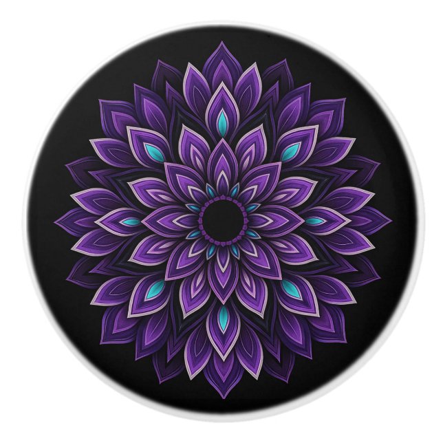 Mandala Keramik Knoblauch, schwarz, Lila, Aquamari Keramikknauf (Vorderseite)