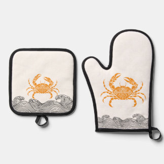 Mandala-Krabbe – Coastal Orange Küche Ofenhandschuh & Topflappen-Set