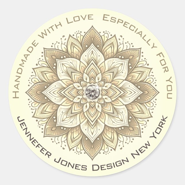 Mandala Kristall Pastel Yellow Ivory Handmade Runder Aufkleber (Vorderseite)