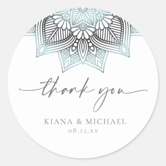 Mandala Lace Wedding Vielen Dank, Lt. Blue ID968 Runder Aufkleber (Vorderseite)