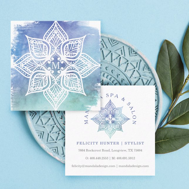 Mandala Lotus Blume Logo und Blue Aquamarin Waterc Quadratische Visitenkarte (Von Creator hochgeladen)