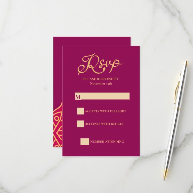 Mandala Magenta Gold Indian Wedding RSVP Karte (Vorderseite/Rückseite Beispiel)