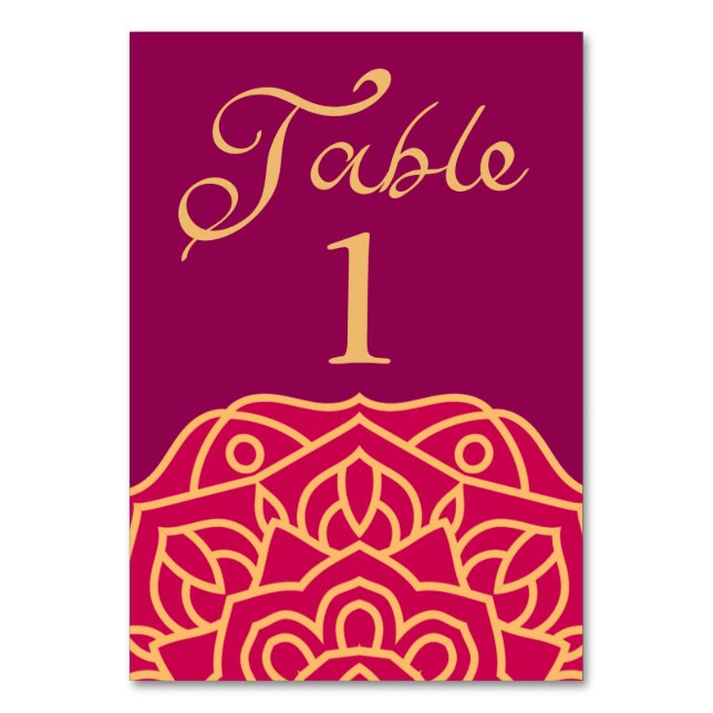 Mandala Magenta Gold Indian Wedding Tischnummer (Vorderseite)
