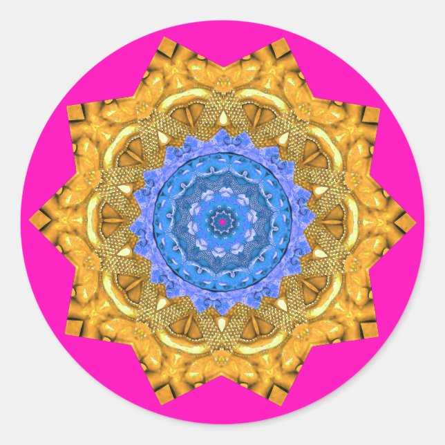 Mandala Magic Blue & Gold auf Fuchsia Runder Aufkleber (Vorderseite)