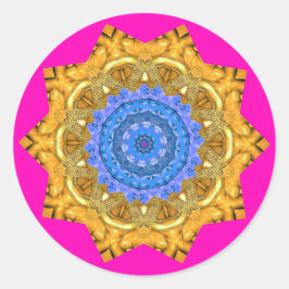 Mandala Magic Blue & Gold auf Fuchsia Runder Aufkleber