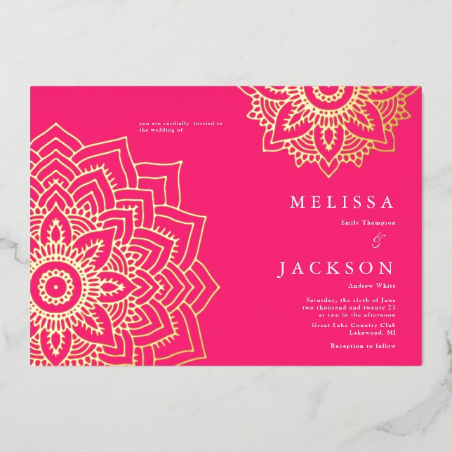 Mandala Mariage Foil Invitation Pink Delicate or (Recto)