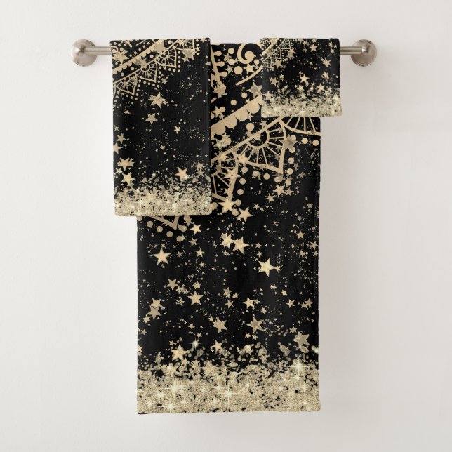 Mandala mit Gold Stars auf schwarz bezaubern Badhandtuch Set (Insitu)