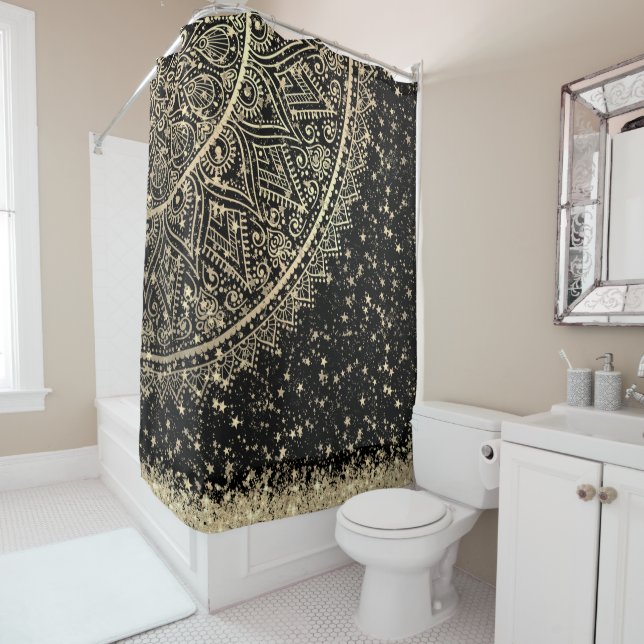 Mandala mit Gold Stars auf schwarz bezaubern Duschvorhang (Beispiel)
