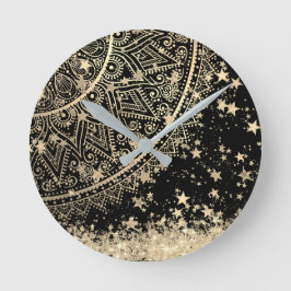 Mandala mit Gold Stars auf schwarz bezaubern     Runde Wanduhr