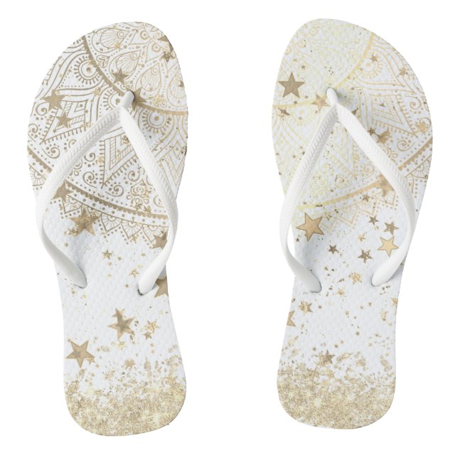 Mandala mit Gold Stars auf Weiß bezaubern Flip Flops (Fußbett)