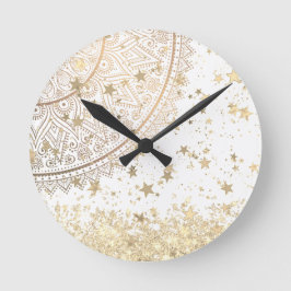 Mandala mit Gold Stars auf Weiß bezaubern   Runde Wanduhr