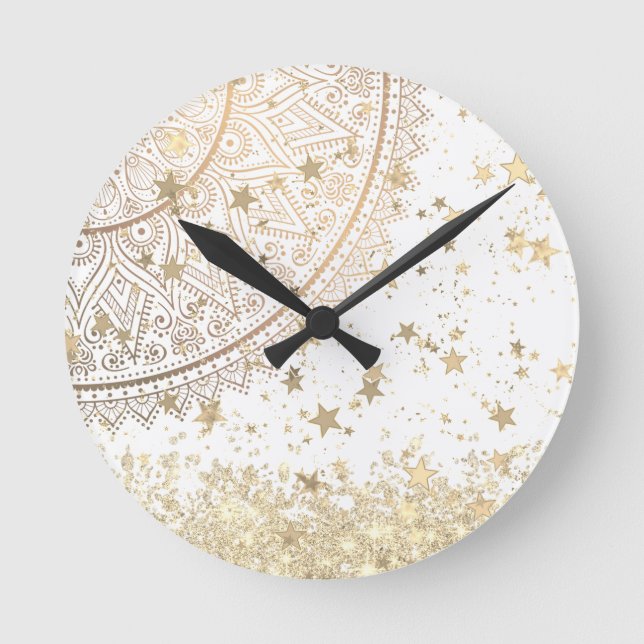 Mandala mit Gold Stars auf Weiß bezaubern   Runde Wanduhr (Vorderseite)