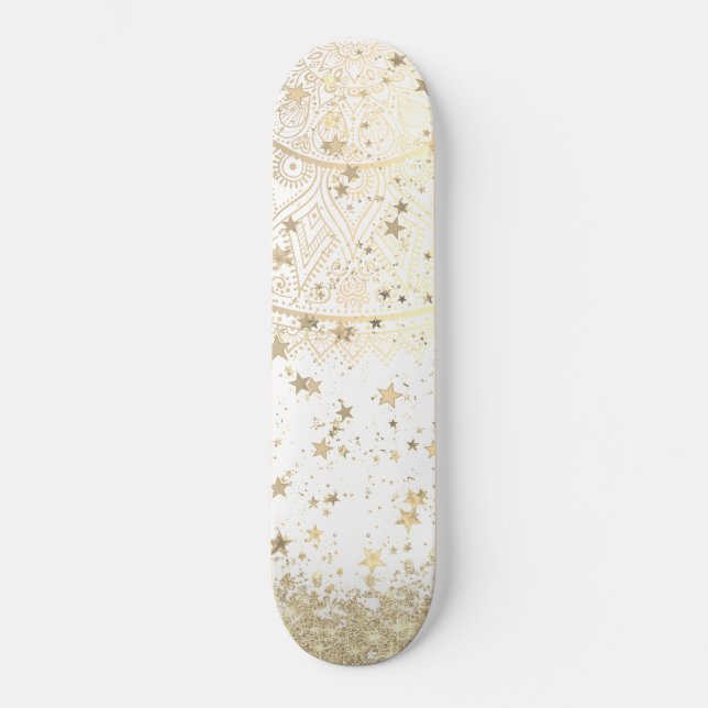 Mandala mit Gold Stars auf Weiß bezaubern Skateboard (Vorderseite)