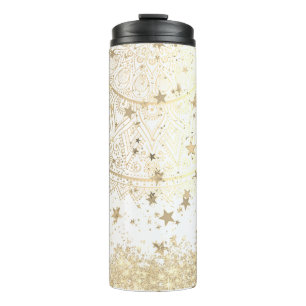 Mandala mit Gold Stars auf Weiß bezaubern Thermosbecher
