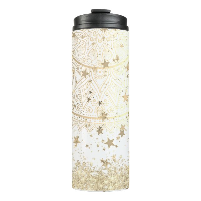 Mandala mit Gold Stars auf Weiß bezaubern Thermosbecher (Vorderseite)