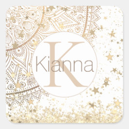 Mandala mit Gold Stars Monogramm bezaubern Quadratischer Aufkleber