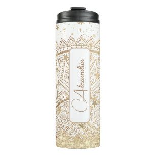 Mandala mit Goldstars auf Weiß Personalisiert Thermosbecher