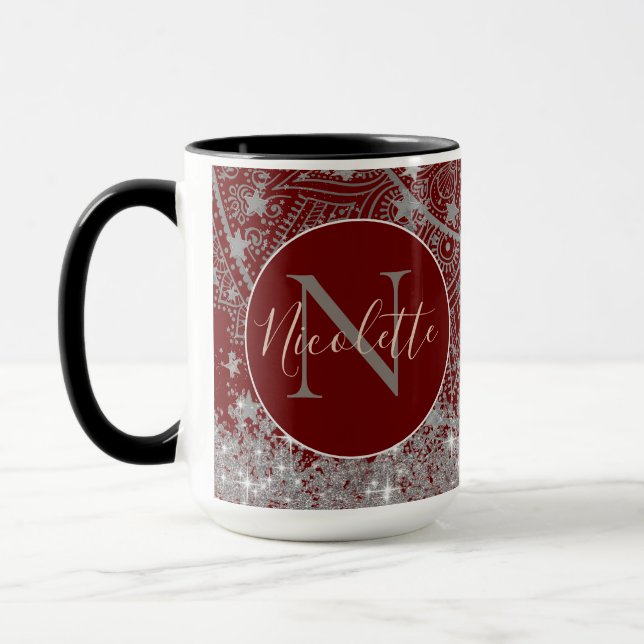 Mandala mit Monogram Glitzer Silver Stars Red Tasse (Links)