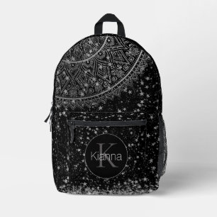Mandala mit Silberstars auf schwarz Personalisiert Bedruckter Rucksack