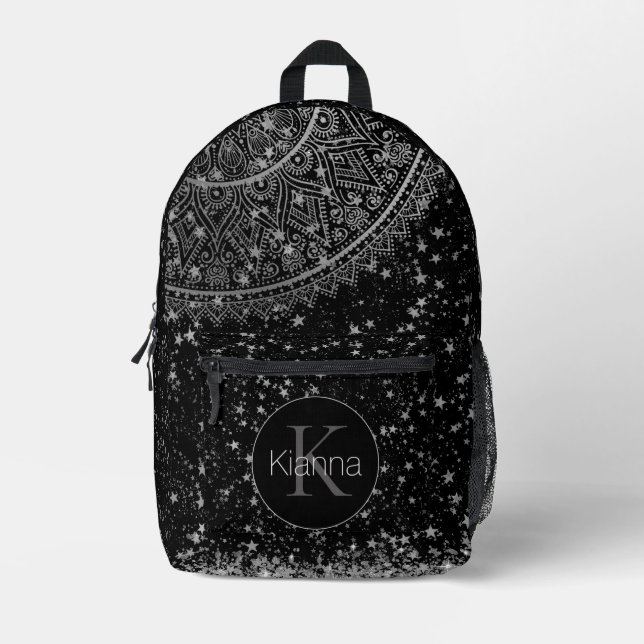 Mandala mit Silberstars auf schwarz Personalisiert Bedruckter Rucksack (Vorderseite)