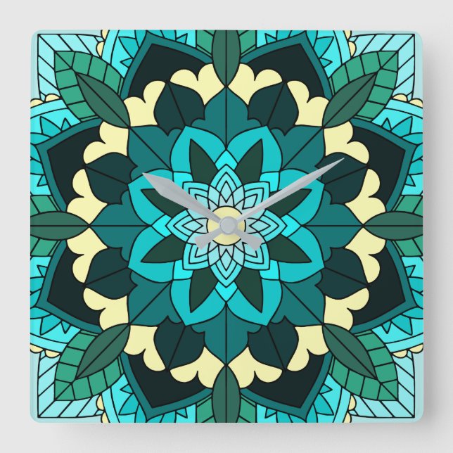 Mandala Motif 02 en aqua Carré Horloge murale (Recto)