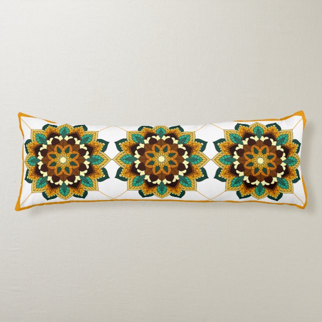 Mandala Motif 02 en coussin corporel jaune et bron (Devant)