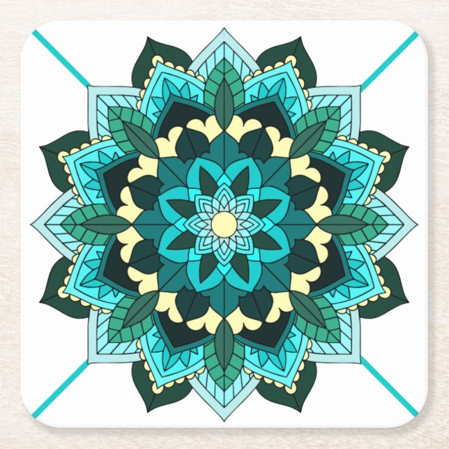 Mandala Muster 02 in Aqua Square Paper Untersetzer (Vorderseite)