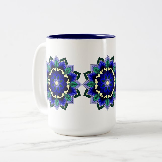 Mandala Muster 02 in dunkelblau Zweifarbige Tasse (Vorderseite Links)