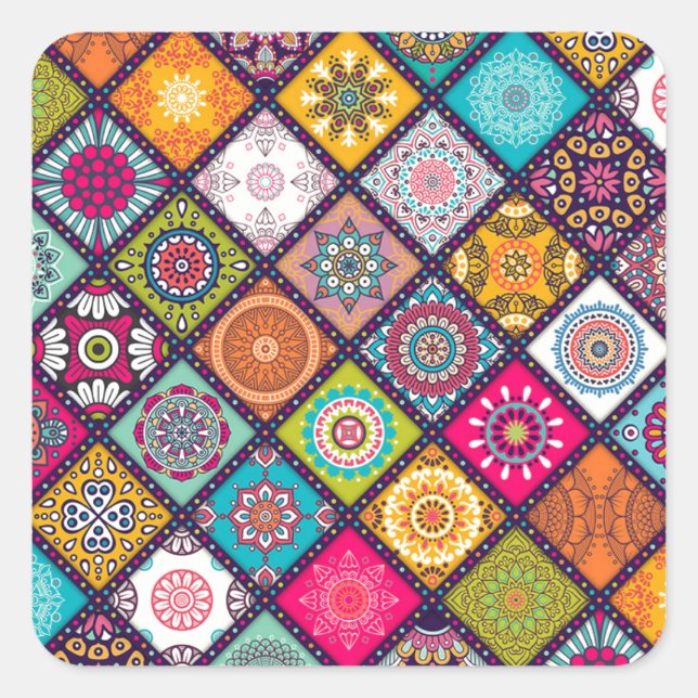 Mandala Muster bunt marokkanisch Quadratischer Aufkleber (Vorderseite)