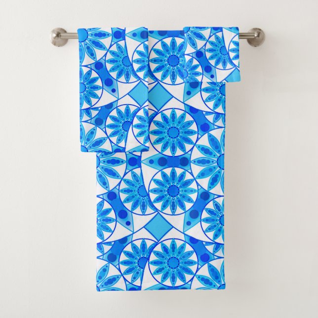 Mandala Muster, Cobalt Blau, Türkis und Weiß Badhandtuch Set (Insitu)