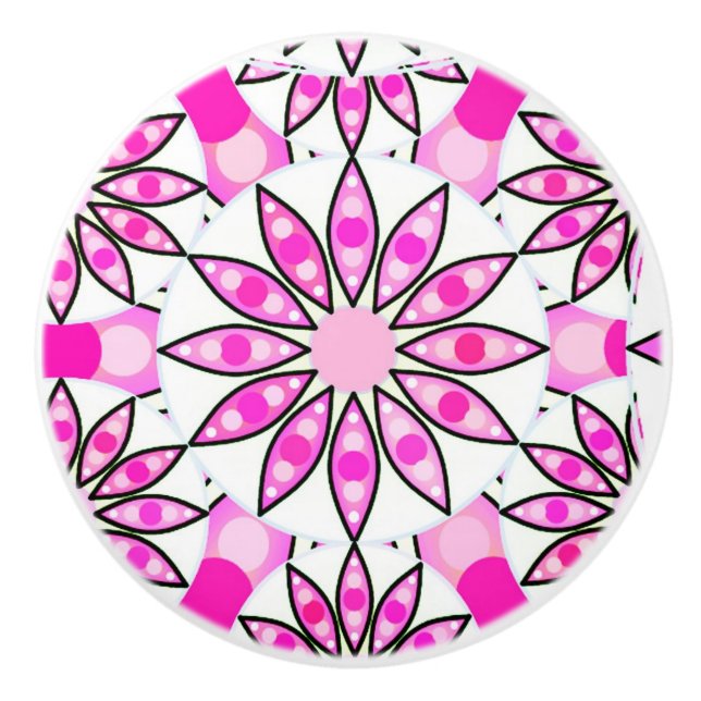 Mandala-Muster, heißrosa, schwarz und weiß Keramikknauf (Vorderseite)