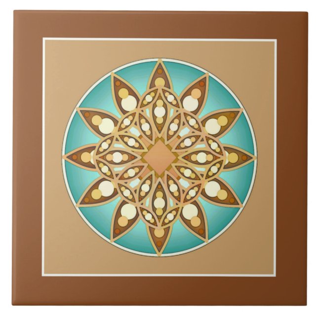 Mandala-Muster in Bräune, Creme und Türkis Fliese (Vorderseite)