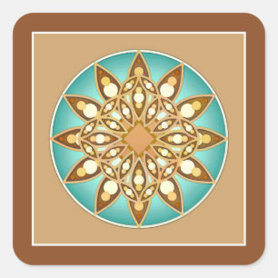 Mandala-Muster in Bräune, Creme und Türkis Quadratischer Aufkleber