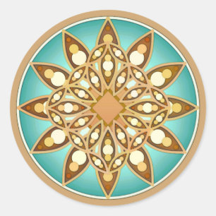 Mandala-Muster in Bräune, Creme und Türkis Runder Aufkleber