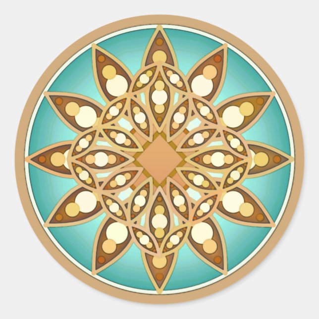 Mandala-Muster in Bräune, Creme und Türkis Runder Aufkleber (Vorderseite)