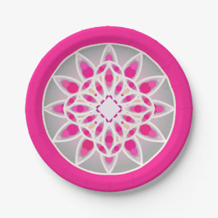 Mandala-Muster in fuchsienrosa, weiß und grau Pappteller
