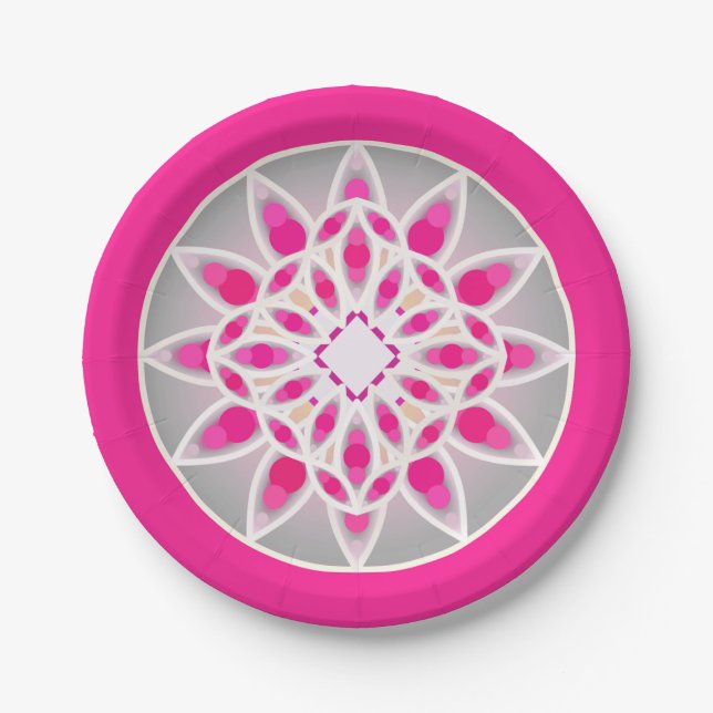 Mandala-Muster in fuchsienrosa, weiß und grau Pappteller (Vorderseite)