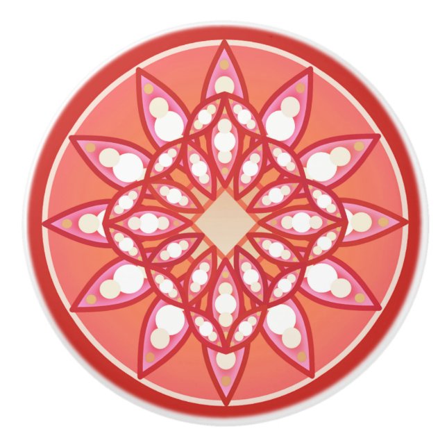 Mandala-Muster in Korallenrosa, Dunkelrot und Weiß Keramikknauf (Vorderseite)