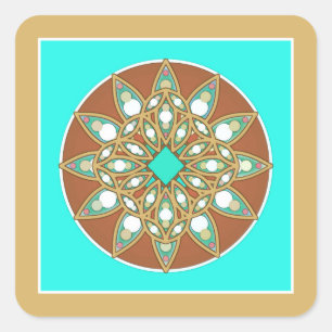 Mandala-Muster in Schokolade, Bräune und Türkis Quadratischer Aufkleber