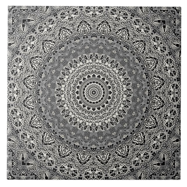 Mandala-Muster in Schwarz und Weiß Fliese (Vorderseite)