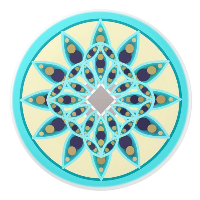 Mandala-Muster in Türkis, Bräune und Marine Keramikknauf (Vorderseite)