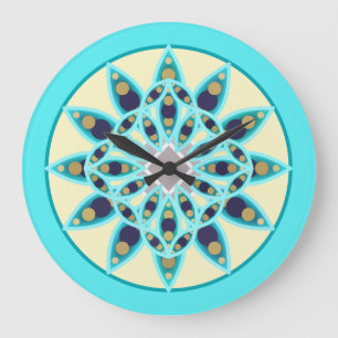 Mandala-Muster in Türkis, Creme und Marine Große Wanduhr