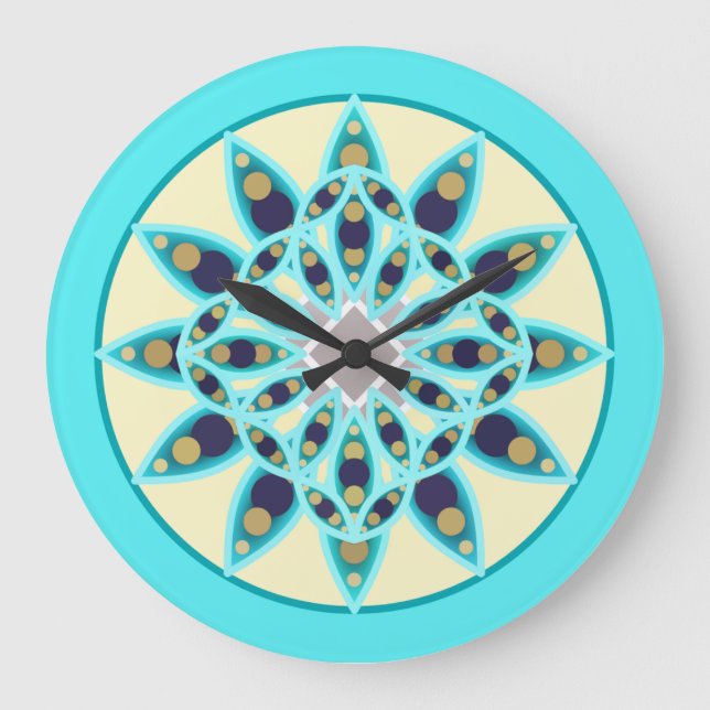 Mandala-Muster in Türkis, Creme und Marine Große Wanduhr (Vorderseite)