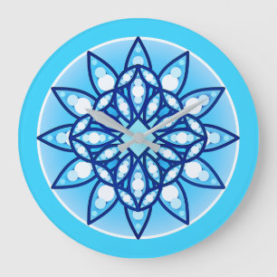 Mandala-Muster in Türkis, Kobalt und Weiß Große Wanduhr