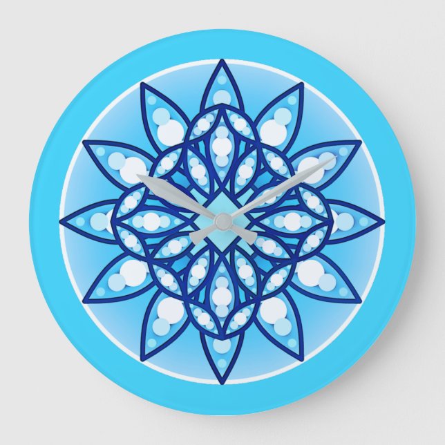 Mandala-Muster in Türkis, Kobalt und Weiß Große Wanduhr (Vorderseite)