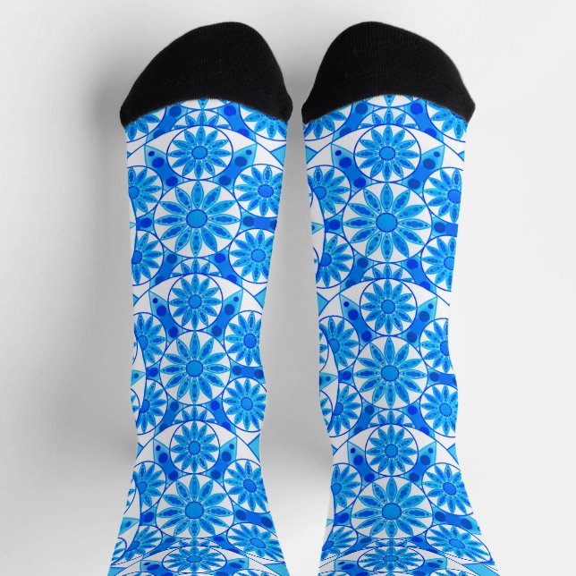 Mandala-Muster, kobaltblau, türkis und weiß Socken (Oben)