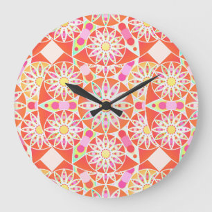 Mandala-Muster, korallenrot, rosa, gold Große Wanduhr